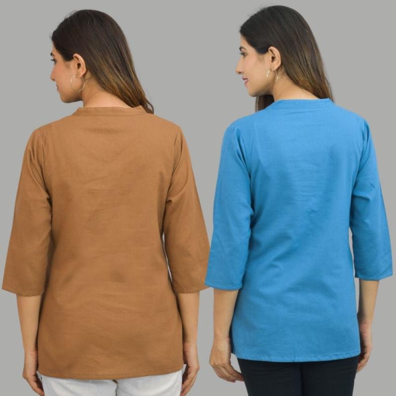 Combo of 2 Blue and Brown Cotton Flax Women Top-10658