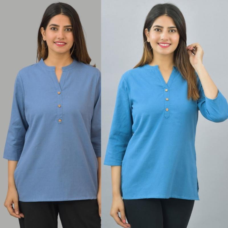Combo of 2 Blue and Denim Blue Cotton Flax Women Top-10676
