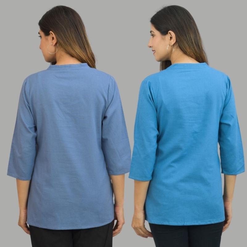Combo of 2 Blue and Denim Blue Cotton Flax Women Top-10676