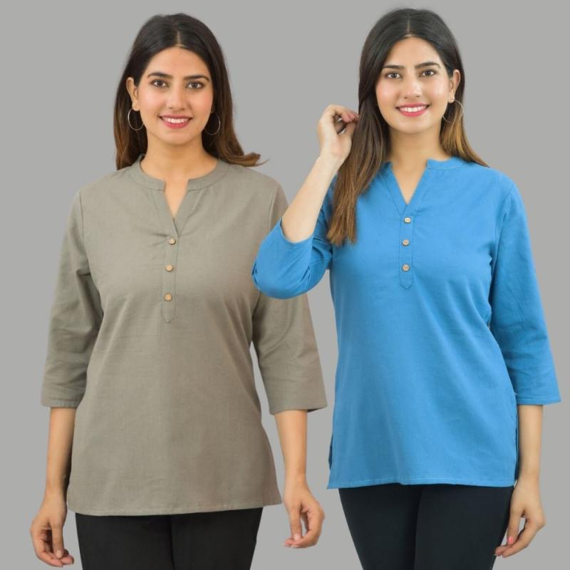 Combo of 2 Blue and Gray Cotton Flax Women Top-10634