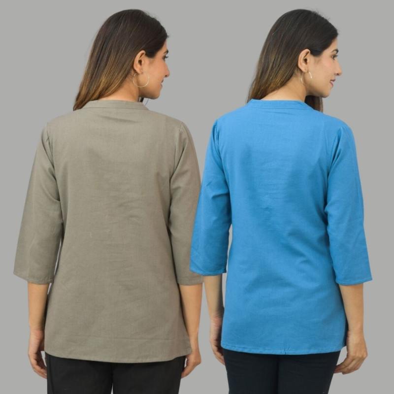 Combo of 2 Blue and Gray Cotton Flax Women Top-10634