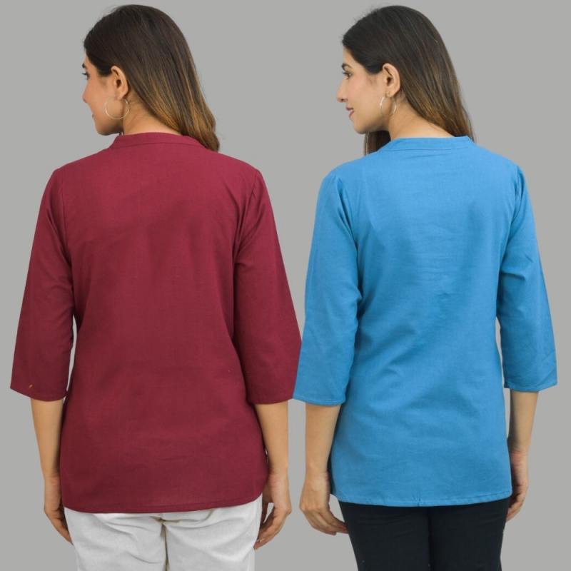 Combo of 2 Blue and Maroon Cotton Flax Women Top-10664