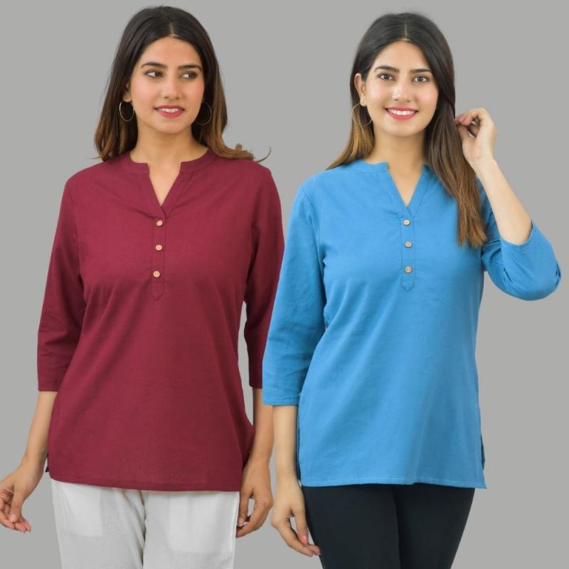 Combo of 2 Pink and Brown Cotton Flax Women Top-10664
