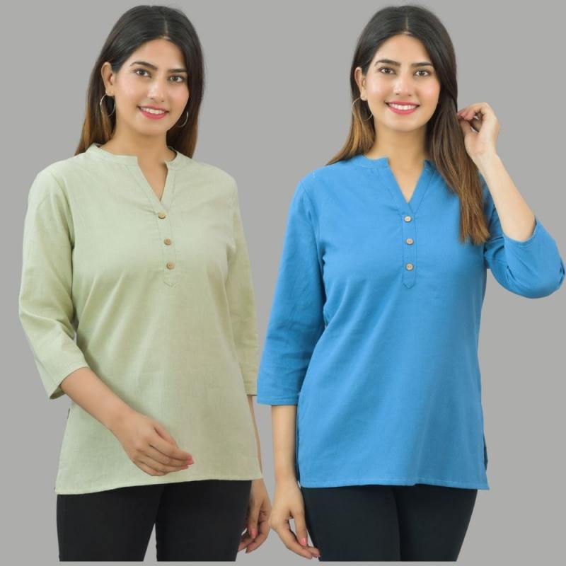 Combo of 2 Blue and Mint Green Cotton Flax Women Top-10697