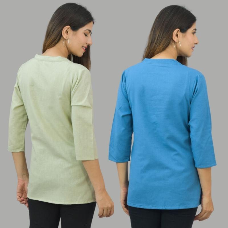 Combo of 2 Blue and Mint Green Cotton Flax Women Top-10697