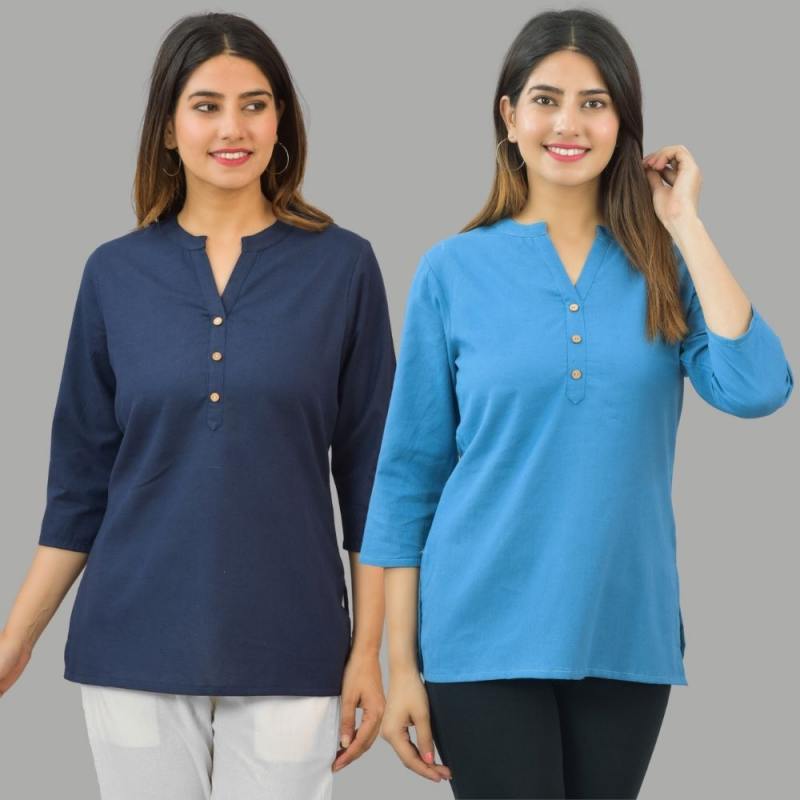 Combo of 2 Blue and Navy Blue Cotton Flax Women Top-10646