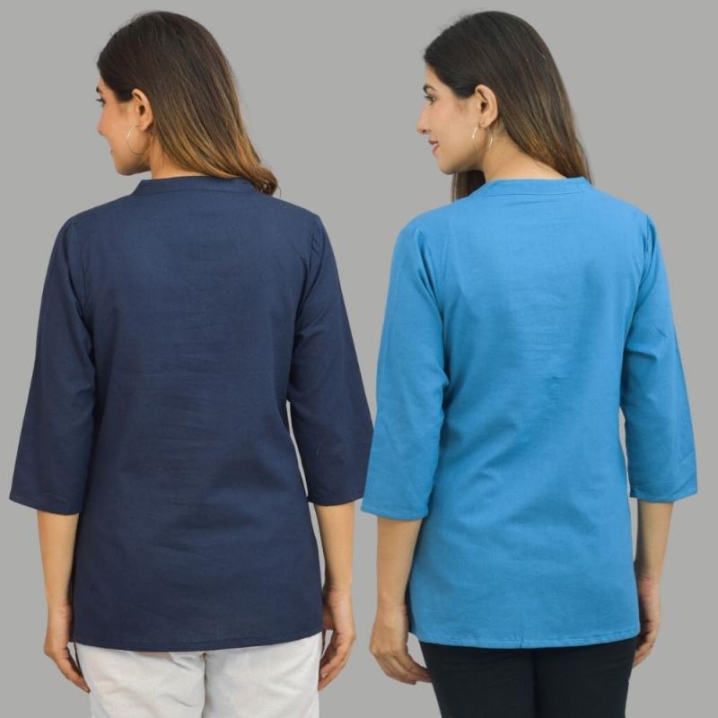 Combo of 2 Blue and Navy Blue Cotton Flax Women Top-10646