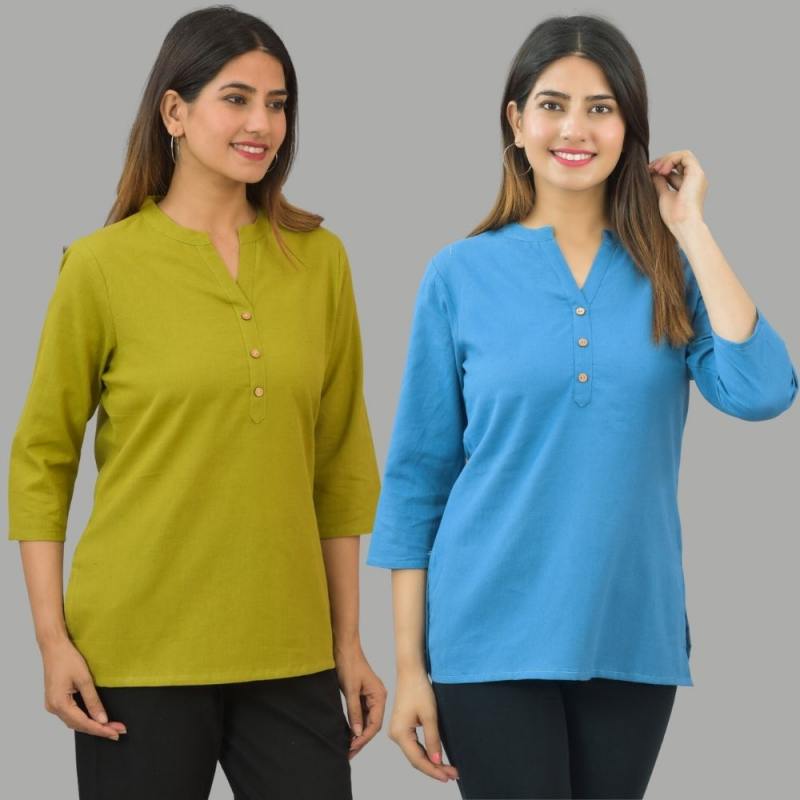 Combo of 2 Blue and Olive Green Cotton Flax Women Top-10670