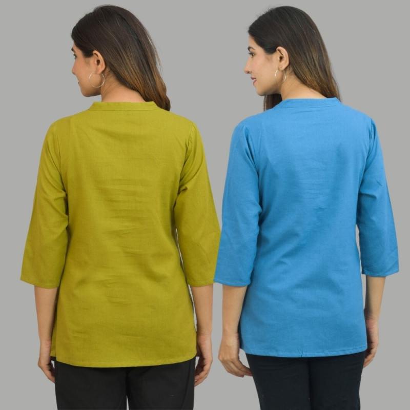Combo of 2 Blue and Olive Green Cotton Flax Women Top-10670