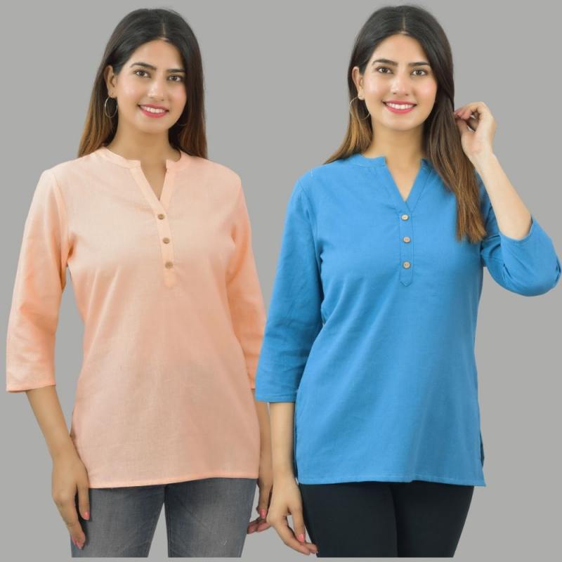 Combo of 2 Blue and Peach Cotton Flax Women Top-10696