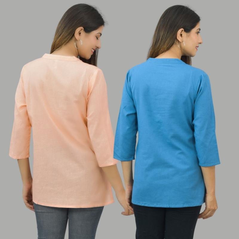 Combo of 2 Blue and Peach Cotton Flax Women Top-10696