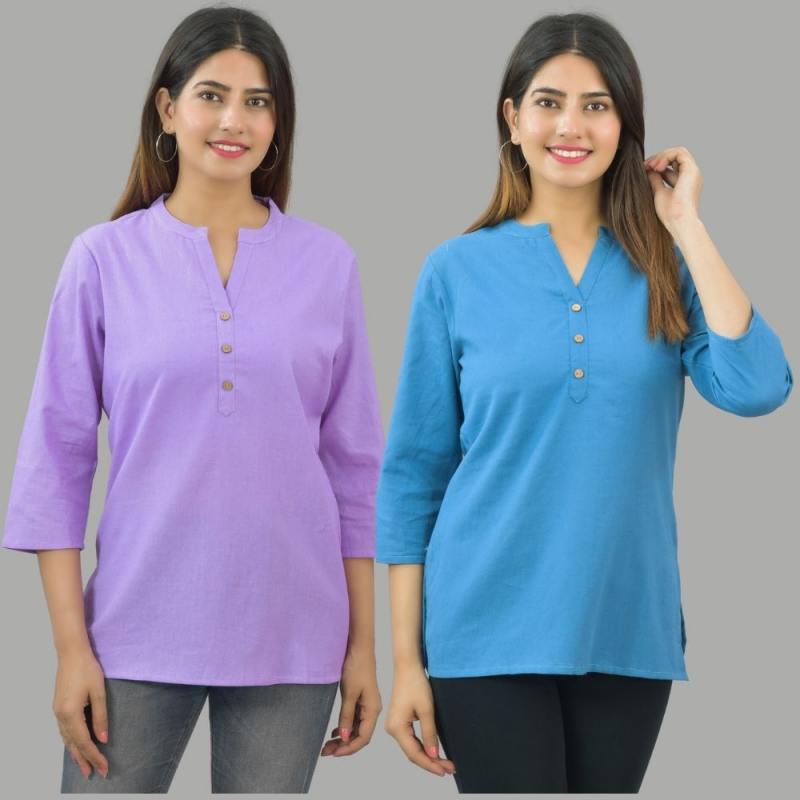 Combo of 2 Blue and Purple Cotton Flax Women Top-10694