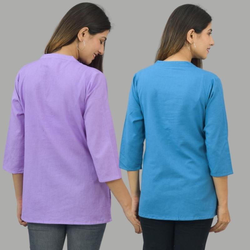 Combo of 2 Blue and Purple Cotton Flax Women Top-10694