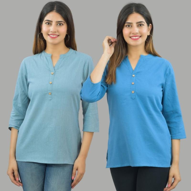 Combo of 2 Blue and Sky Blue Cotton Flax Women Top-10687