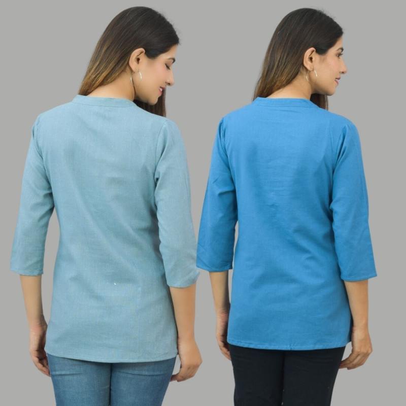 Combo of 2 Blue and Sky Blue Cotton Flax Women Top-10687