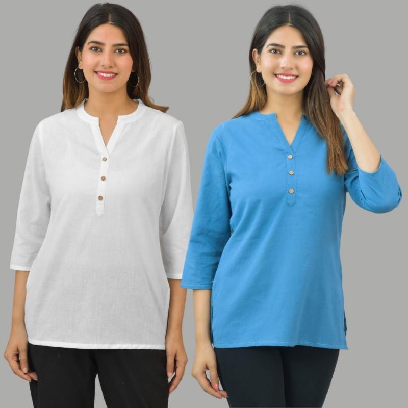 Combo of 2 Blue and White Cotton Flax Women Top-10682