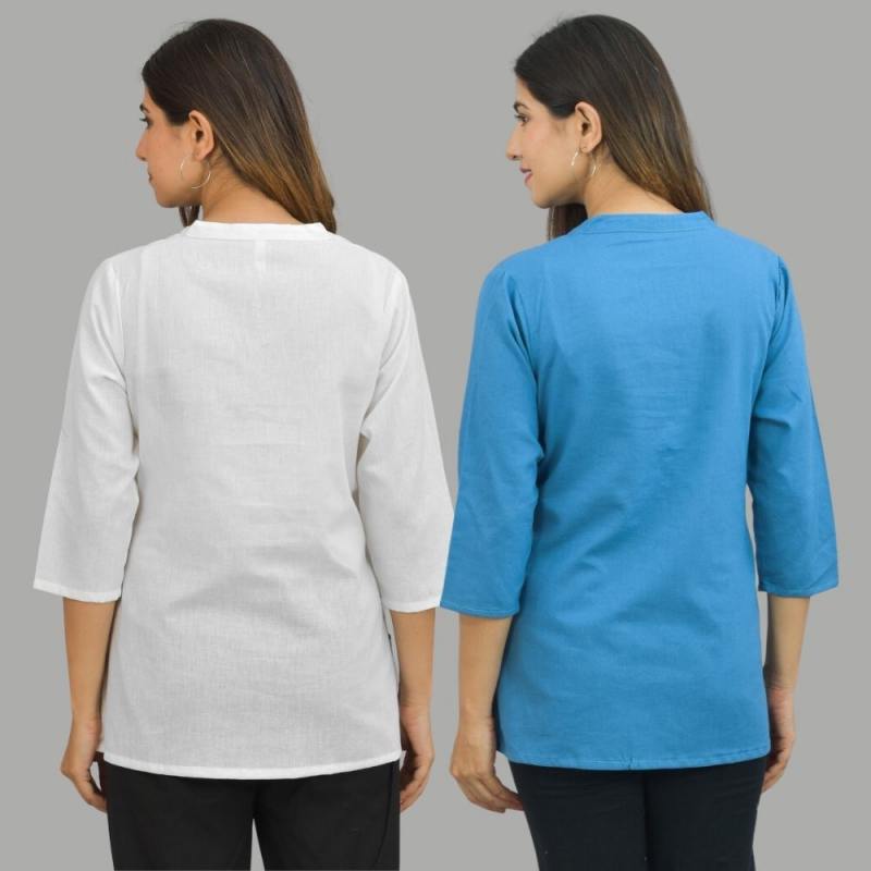 Combo of 2 Blue and White Cotton Flax Women Top-10682
