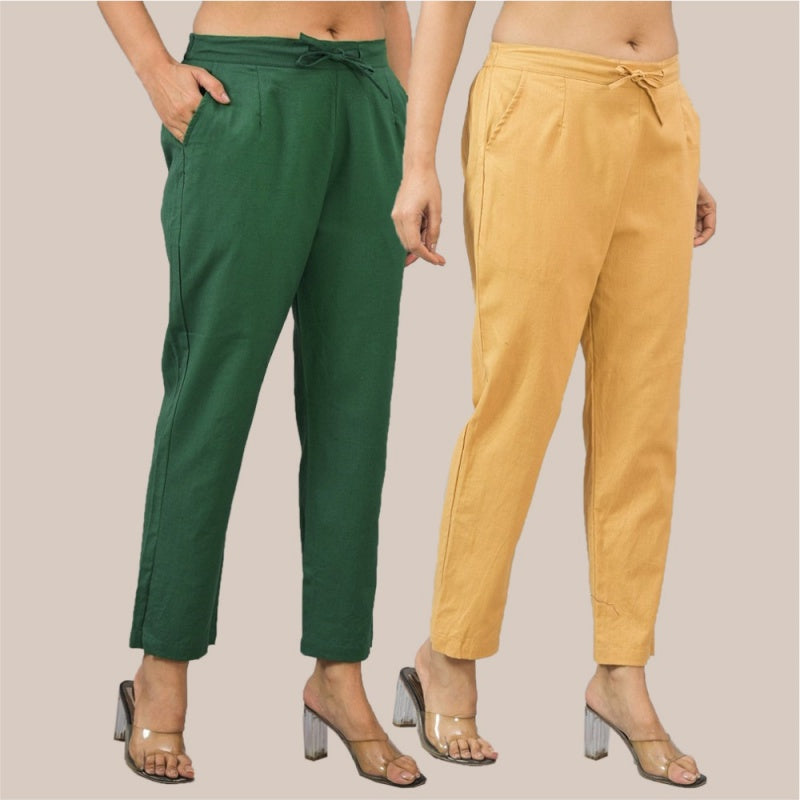 Combo of 2 Bottle Green and Beige Cotton Flax Women Trouser Pant-10314