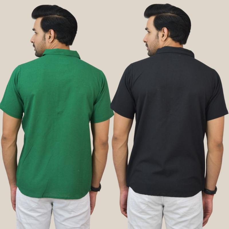 Bottle Green and Black Solid Cotton Men Shirt-