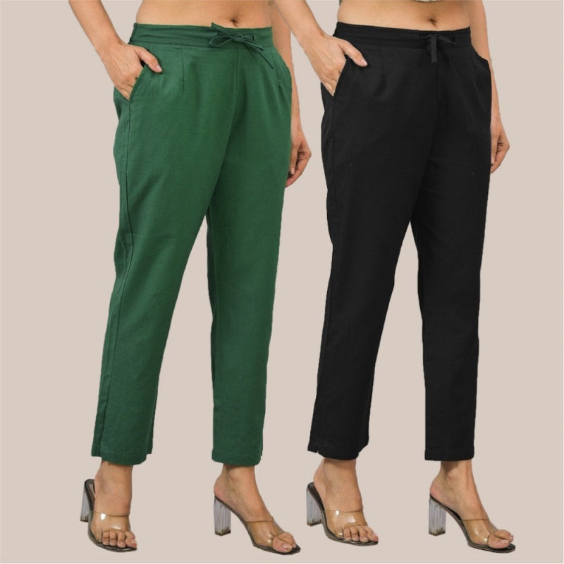 Combo of 2 Bottle Green and Black Cotton Flax Women Trouser Pant-10326