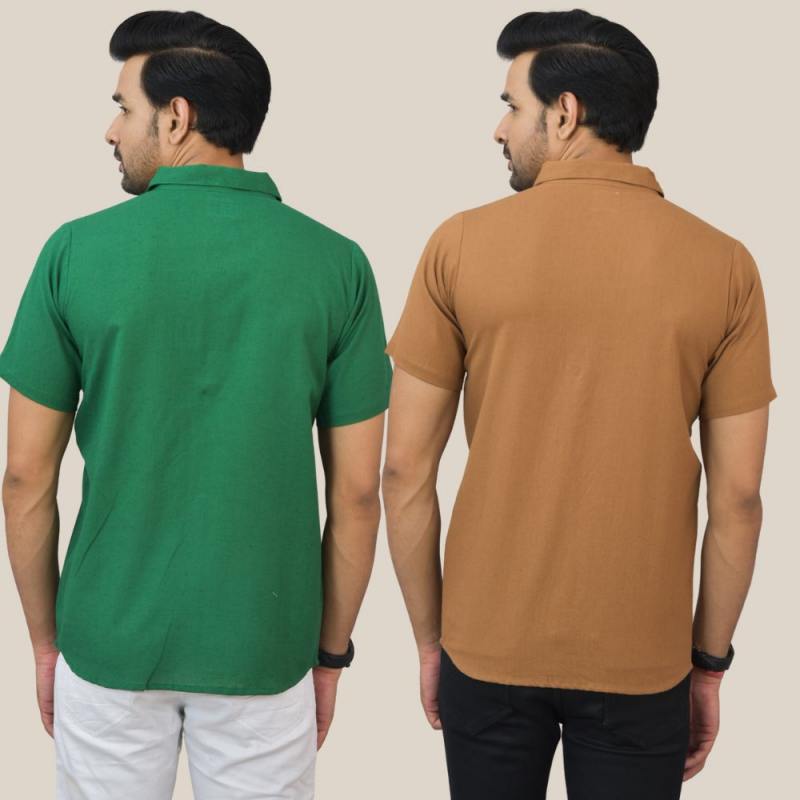 Bottle Green and Brown Solid Cotton Men Shirt