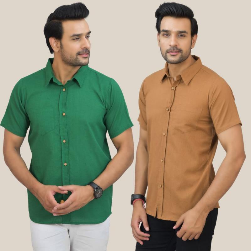 Bottle Green and Brown Solid Cotton Men Shirt