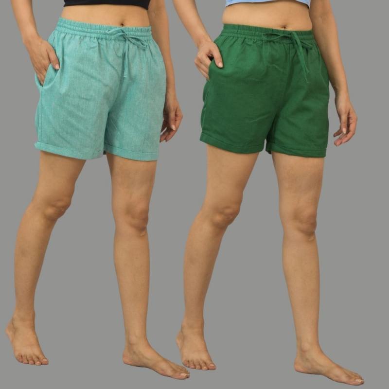 Combo of 2 Bottle Green and Cyan Cotton Women Shorts-10554