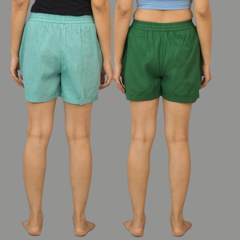 Combo of 2 Bottle Green and Cyan Cotton Women Shorts-10554