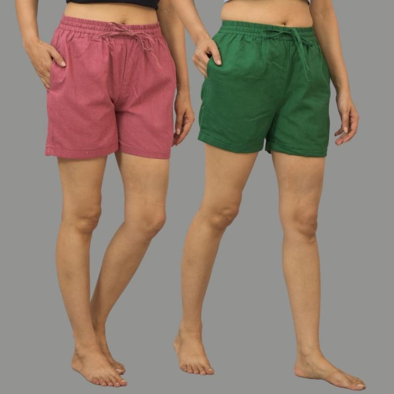 Combo of 2 Bottle Green and Dark Pink Cotton Women Shorts-10544