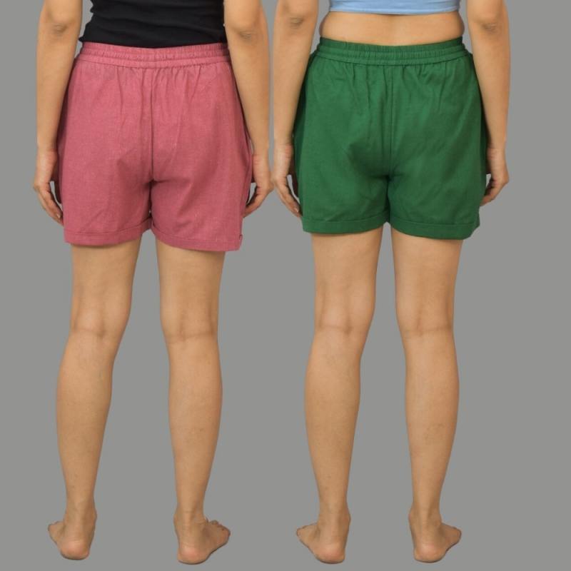 Combo of 2 Bottle Green and Dark Pink Cotton Women Shorts-10544