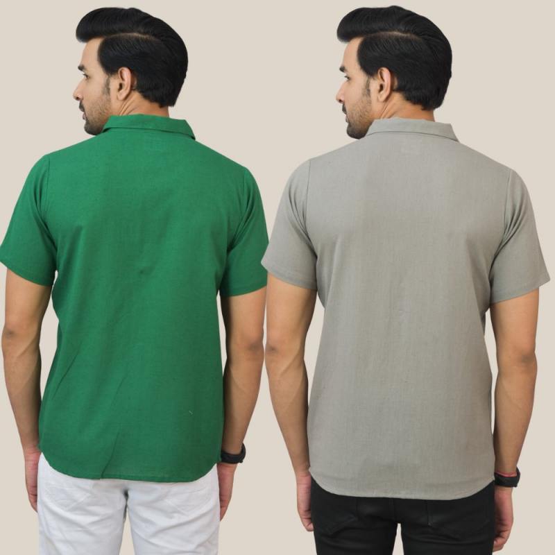 Bottle Green and Gray Solid Cotton Men Shirt