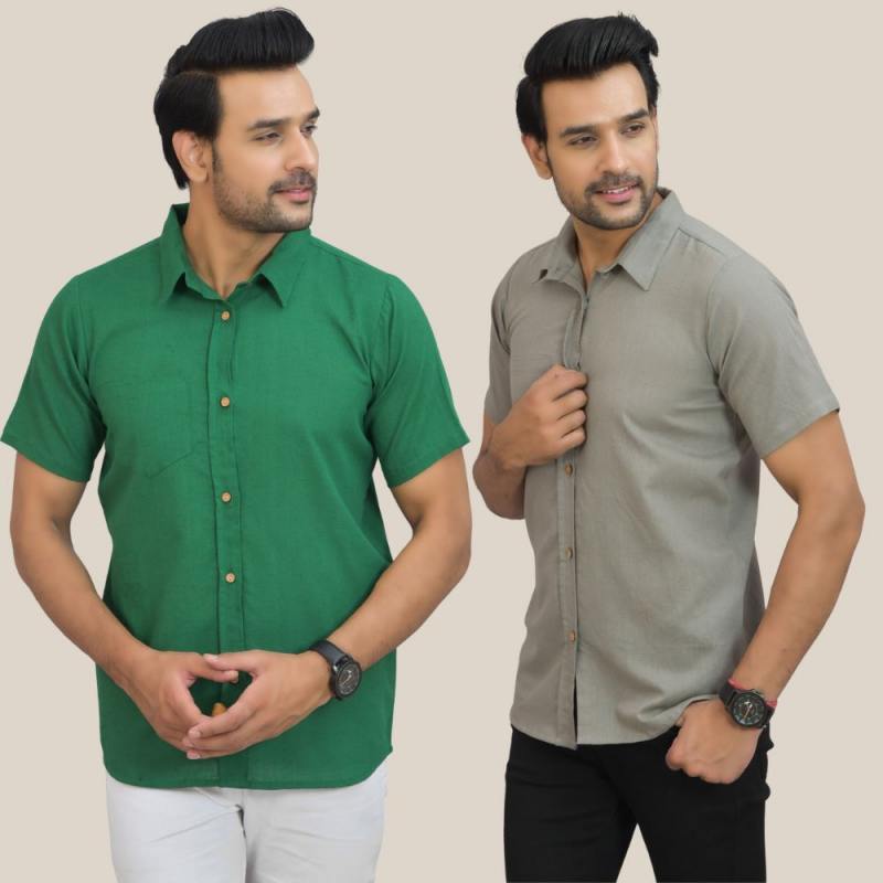 Bottle Green and Gray Solid Cotton Men Shirt