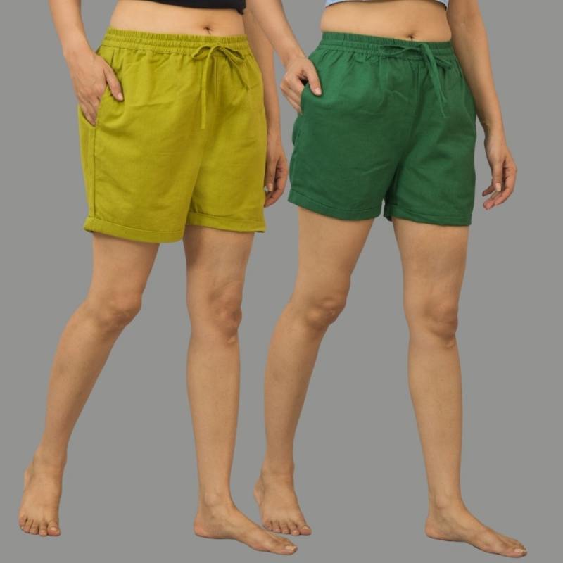 Combo of 2 Bottle Green and Green Cotton Women Shorts-10589