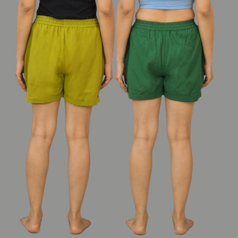 Combo of 2 Bottle Green and Green Cotton Women Shorts-10589