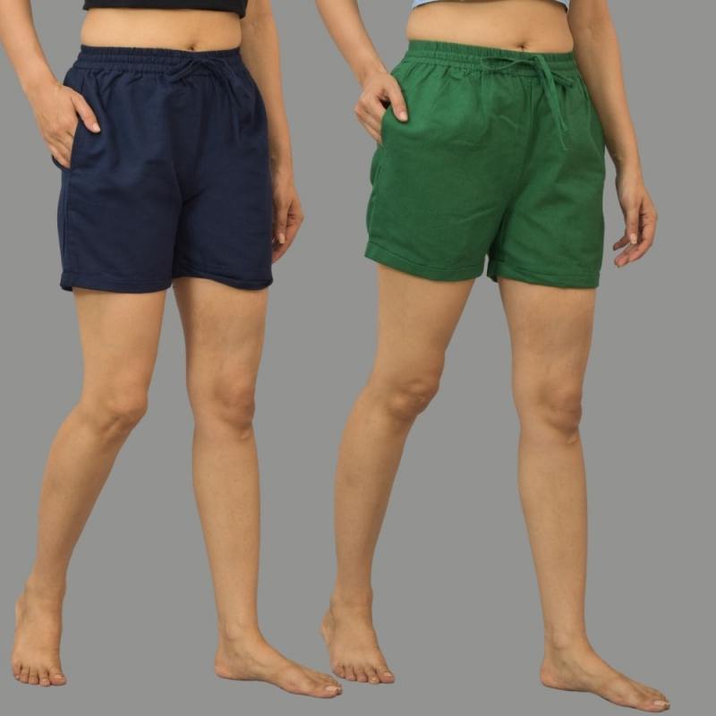 Combo of 2 Bottle Green and Navy Blue Cotton Women Shorts-10571