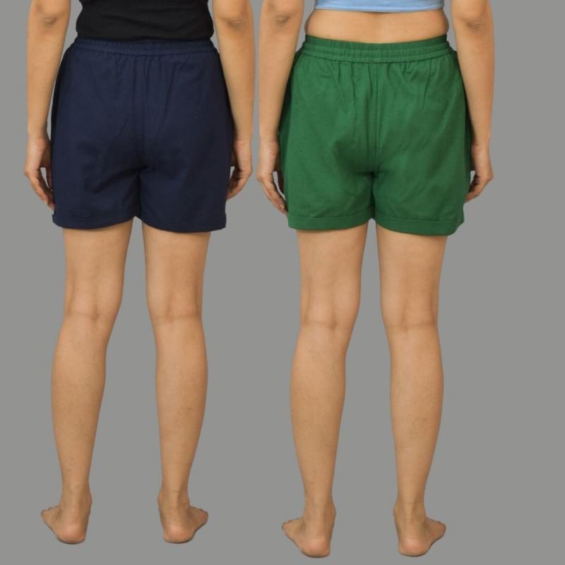 Combo of 2 Bottle Green and Navy Blue Cotton Women Shorts-10571
