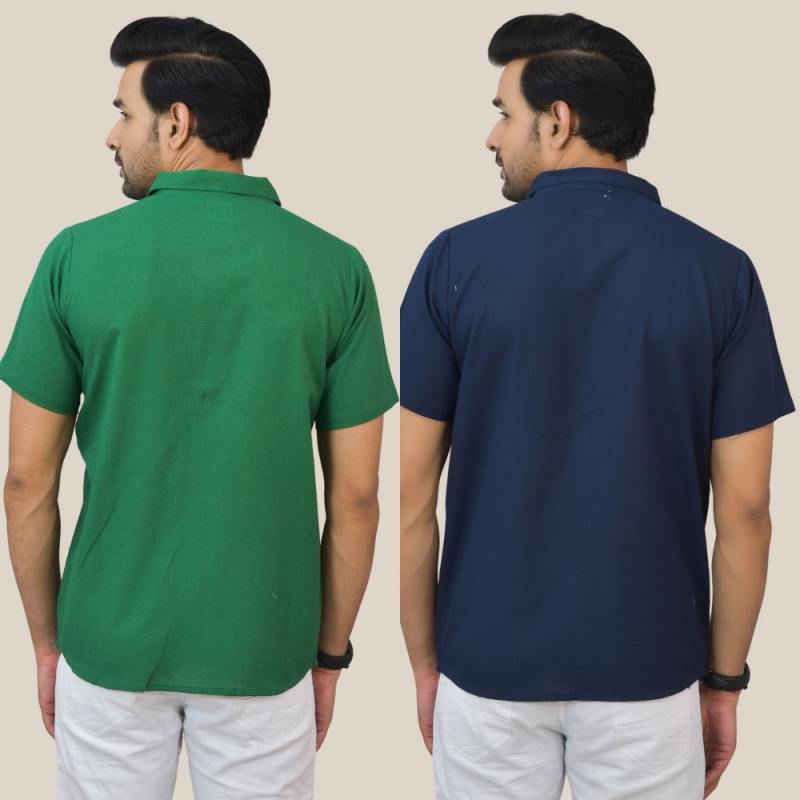 Bottle Green and Navy Blue Solid Cotton Men Shirt