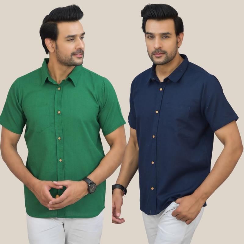 Bottle Green and Navy Blue Solid Cotton Men Shirt