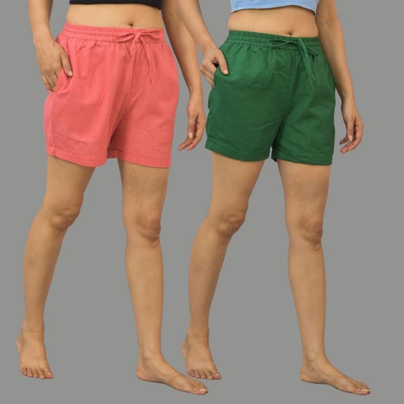 Combo of 2 Bottle Green and Peach Cotton Women Shorts-10584