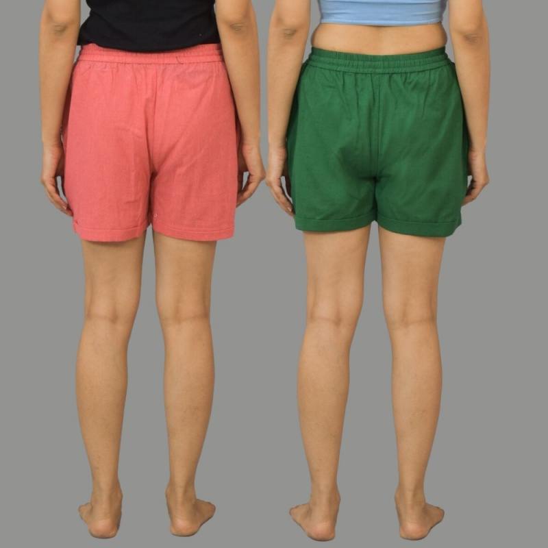 Combo of 2 Bottle Green and Peach Cotton Women Shorts-10584