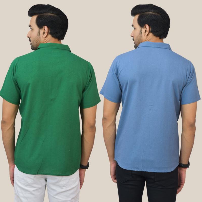 Bottle Green and Sky Blue Solid Cotton Men Shirt