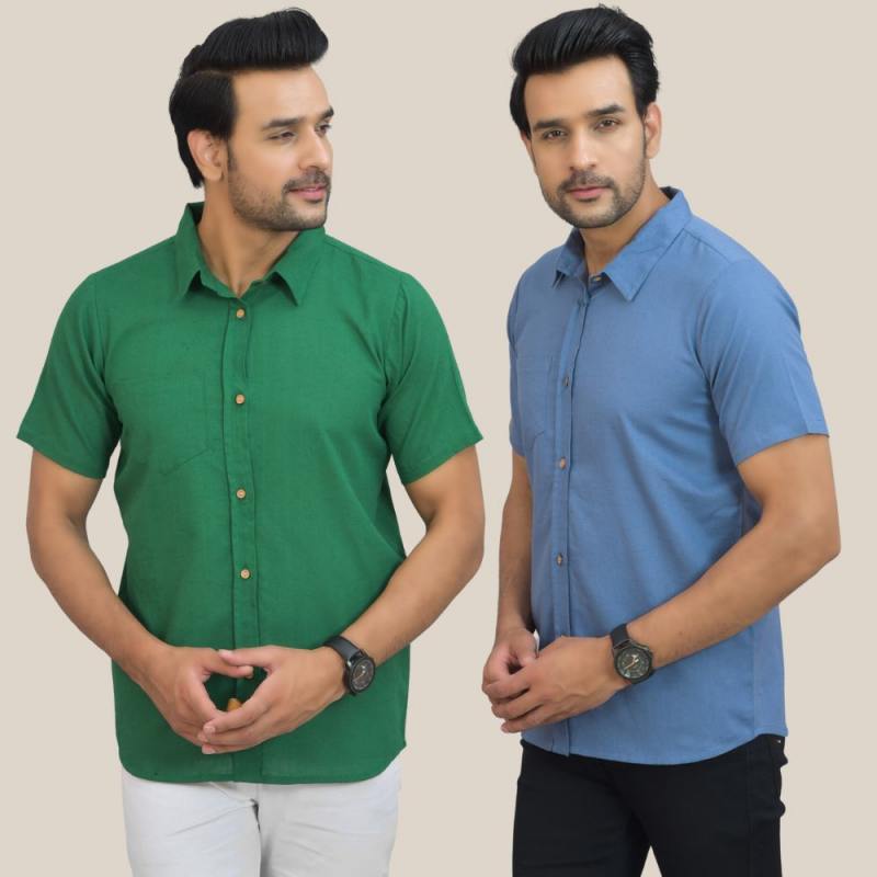 Bottle Green and Sky Blue Solid Cotton Men Shirt