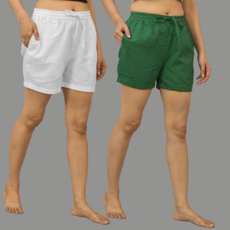Combo of 2 Bottle Green and White Cotton Women Shorts-10596