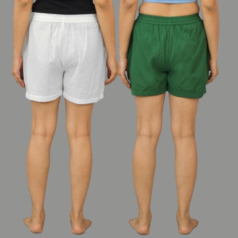 Combo of 2 Bottle Green and White Cotton Women Shorts-10596
