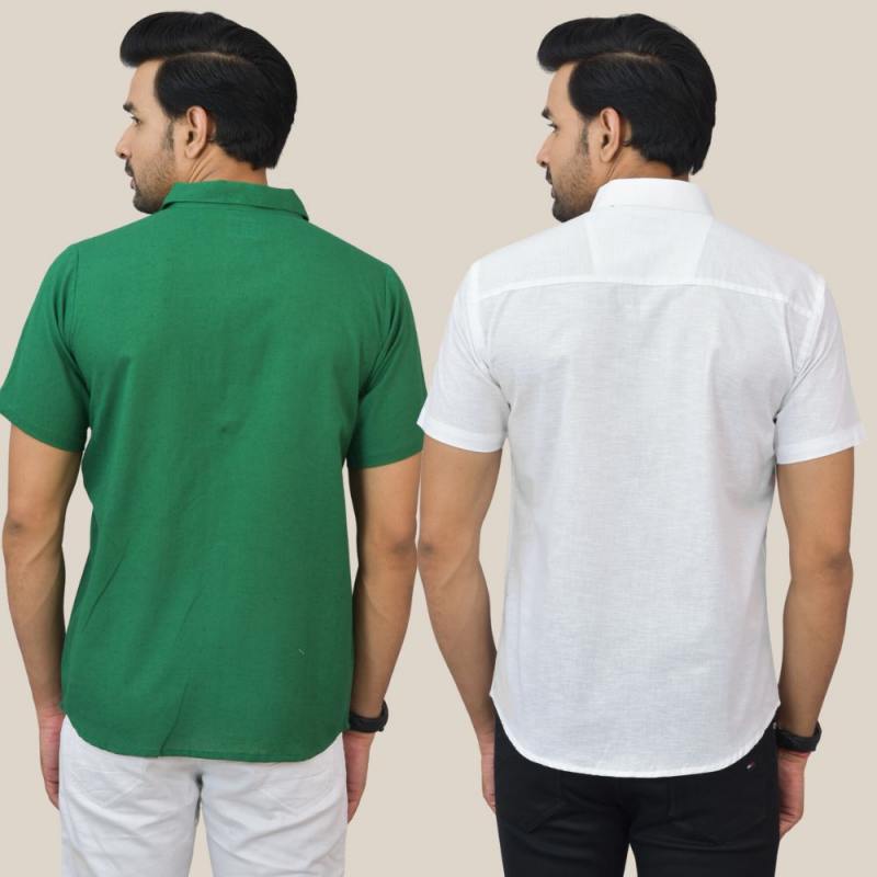 Bottle Green and White Solid Cotton Men Shir