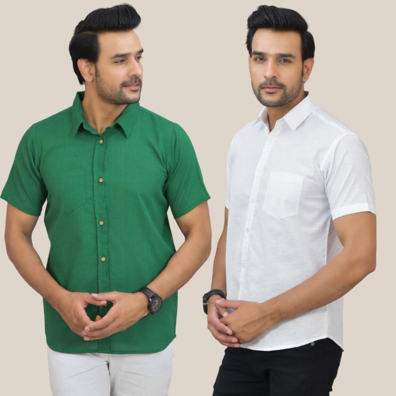 Bottle Green and White Solid Cotton Men Shir