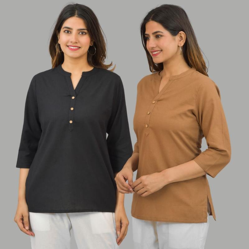 Combo of 2 Brown and Black Cotton Flax Women Top-10425