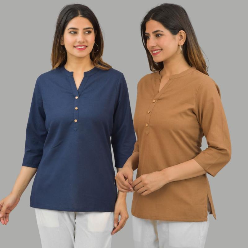 Combo of 2 Brown and Navy Blue Cotton Flax Women Top-10419