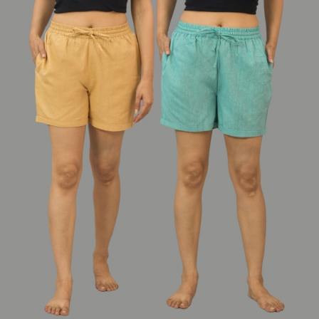 Combo of 2 Cyan and Beige Cotton Women Shorts-10525