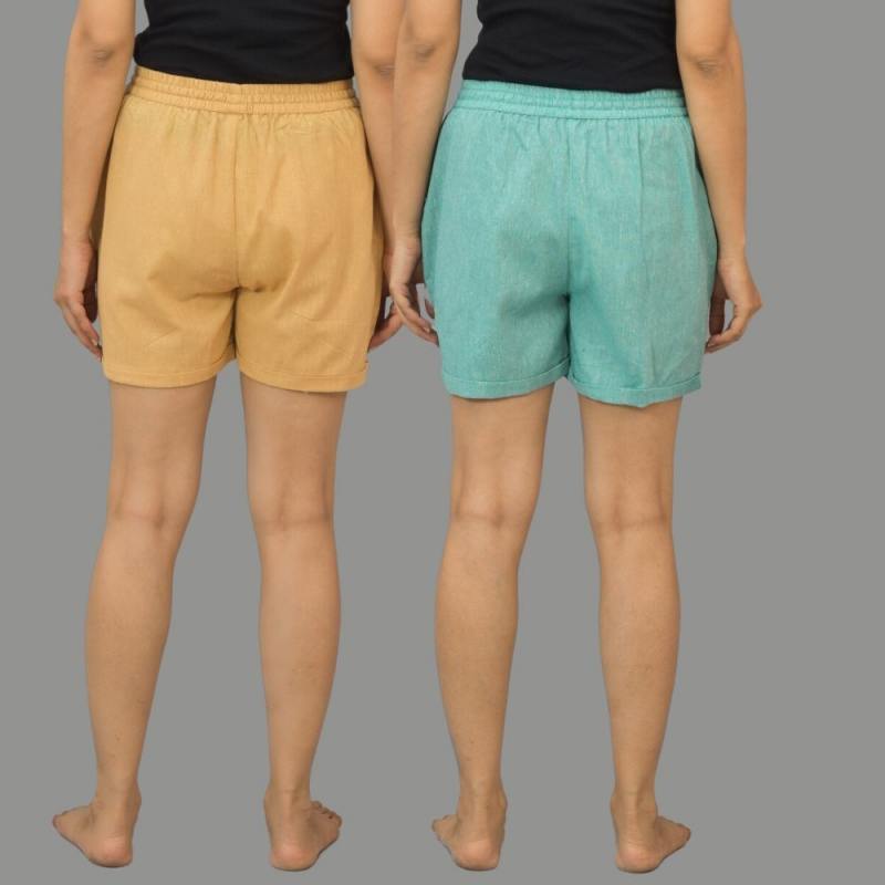 Combo of 2 Cyan and Beige Cotton Women Shorts-10525